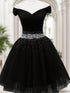 Black Beaded Off Shoulder Tulle Homecoming Dress, Black Tulle Short Party Dress